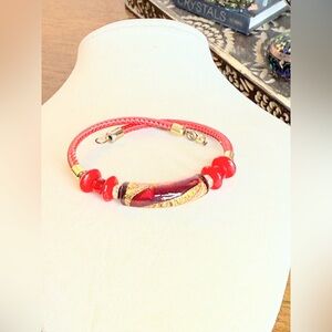 Red Leather Cord Bracelet Murano Glass Center Bead Gold Fleck Beaded Clasp